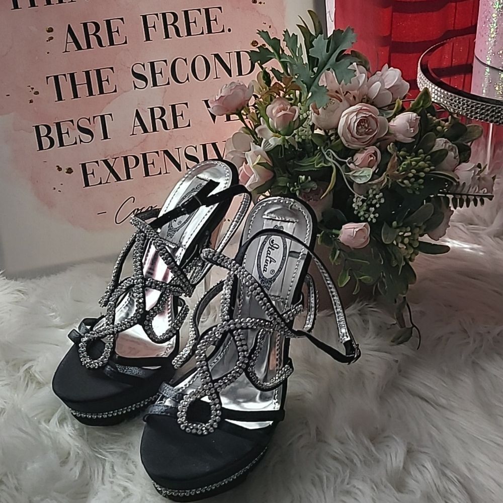 ITALINA SHOES Black-Silver Heels New Sze 7.5 Rhinestones